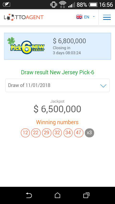 Results page of the Lotto Agent lottery app